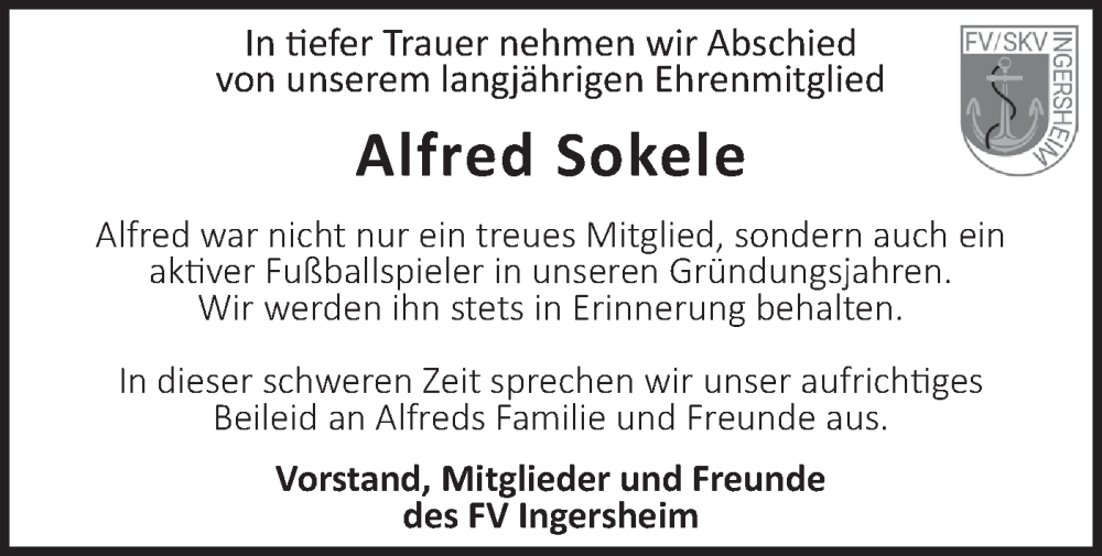  Traueranzeige für Alfred Sokele vom 25.10.2023 aus Bietigheimer Zeitung