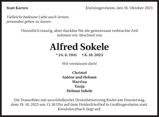 Traueranzeige von Alfred Sokele von Bietigheimer Zeitung