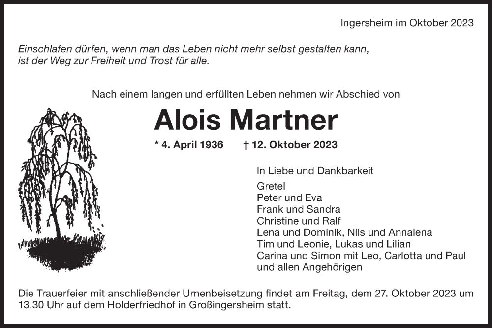  Traueranzeige für Alois Martner vom 24.10.2023 aus Bietigheimer Zeitung