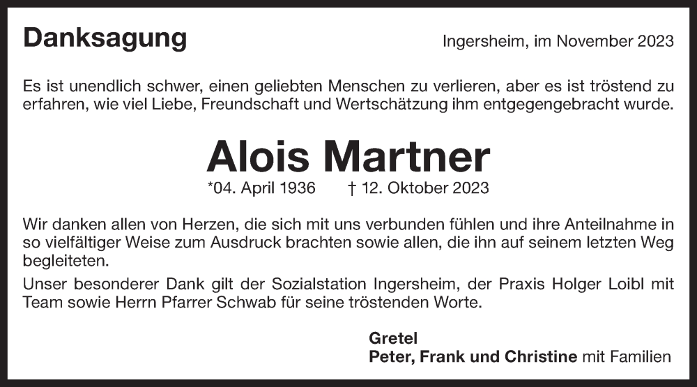  Traueranzeige für Alois Martner vom 21.11.2023 aus Bietigheimer Zeitung