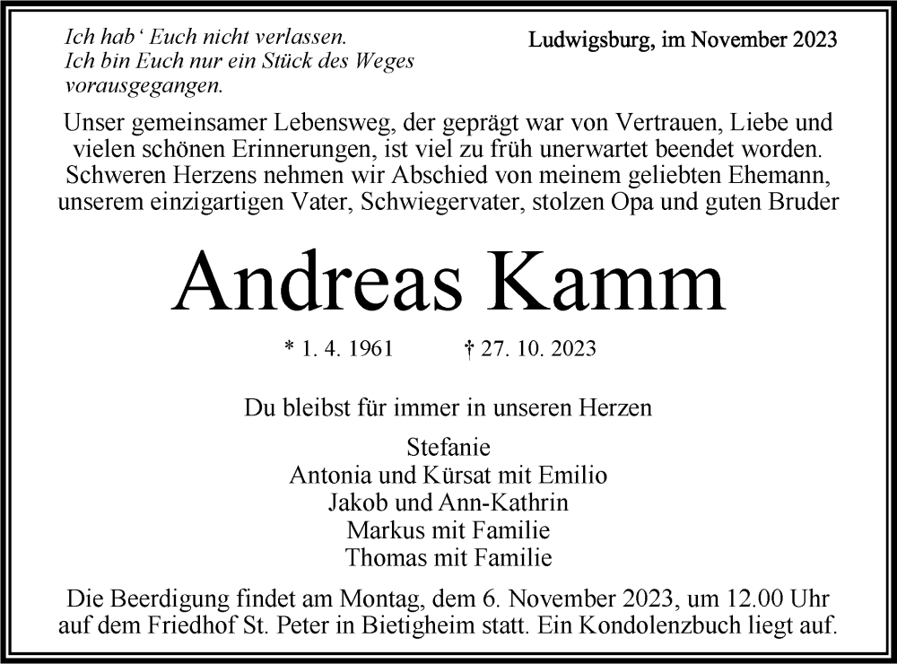 Traueranzeige für Andreas Kamm vom 02.11.2023 aus Bietigheimer Zeitung