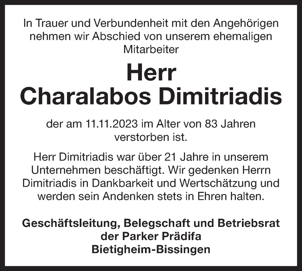  Traueranzeige für Charalabos Dimitriadis vom 17.11.2023 aus Bietigheimer Zeitung