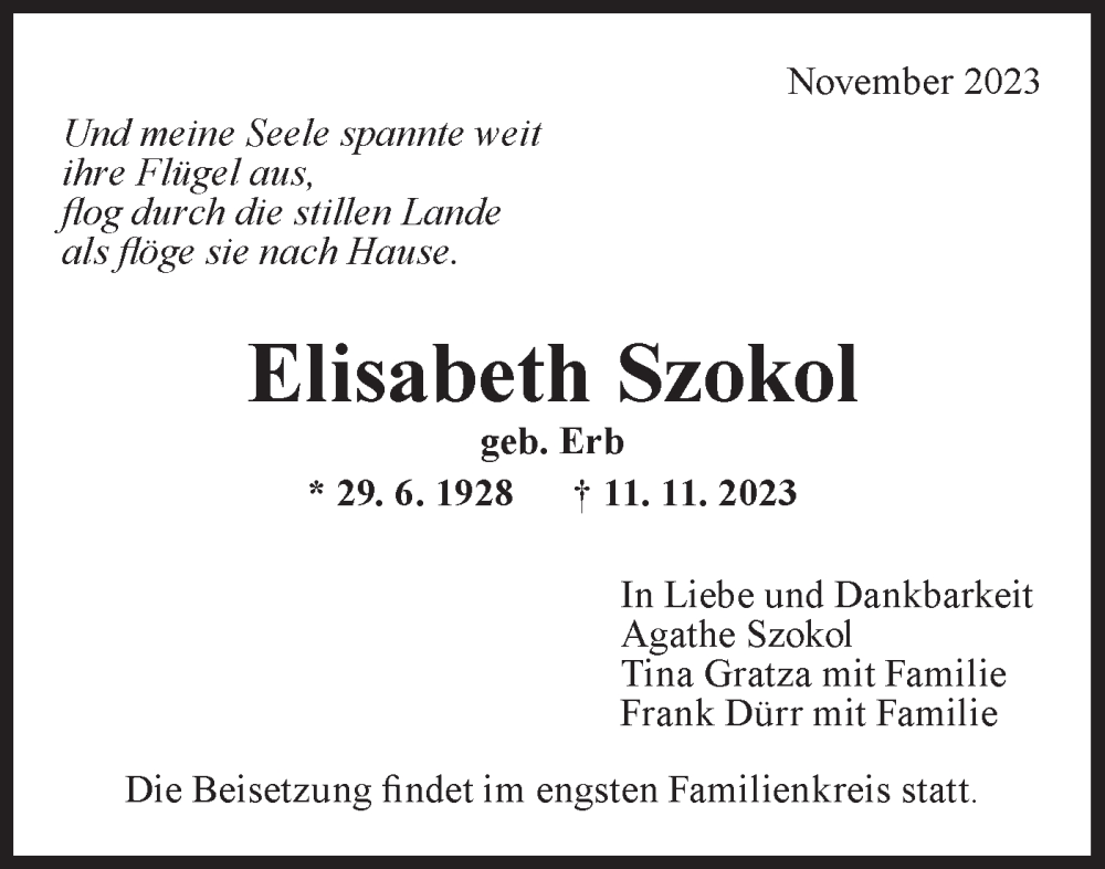  Traueranzeige für Elisabeth Szokol vom 17.11.2023 aus Bietigheimer Zeitung