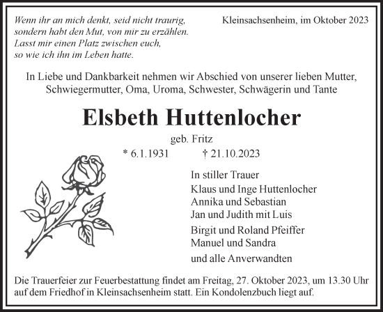 Traueranzeige von Elsbeth Huttenlocher von Bietigheimer Zeitung