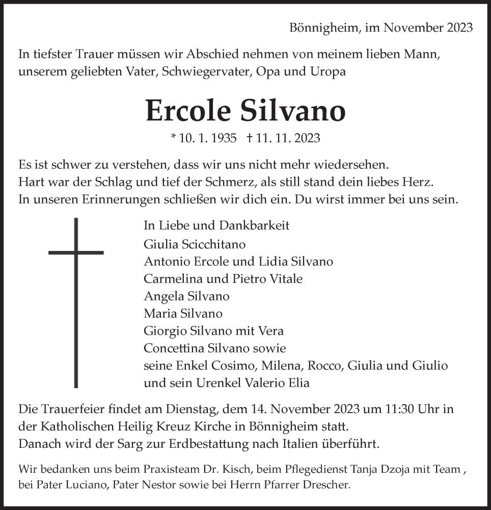 Traueranzeige für Ercole Silvano vom 14.11.2023 aus Bietigheimer Zeitung