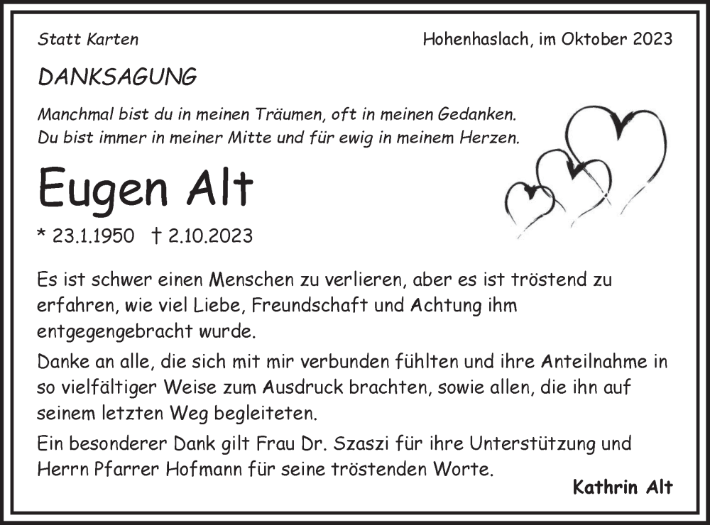  Traueranzeige für Eugen Alt vom 25.10.2023 aus Bietigheimer Zeitung