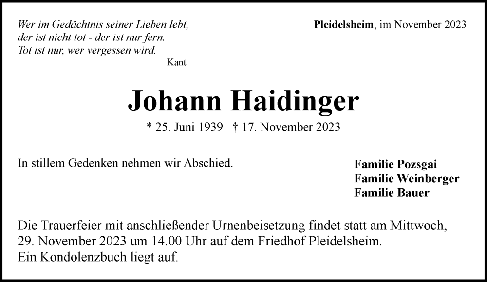  Traueranzeige für Johann Haidinger vom 25.11.2023 aus BIETIGHEIMER ZEITUNG