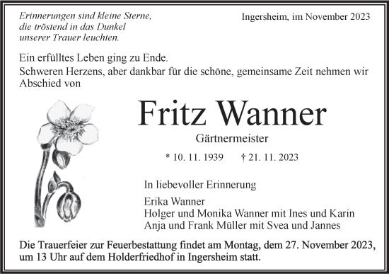 Traueranzeige von Fritz Wanner von Bietigheimer Zeitung