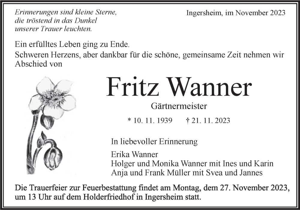  Traueranzeige für Fritz Wanner vom 23.11.2023 aus Bietigheimer Zeitung