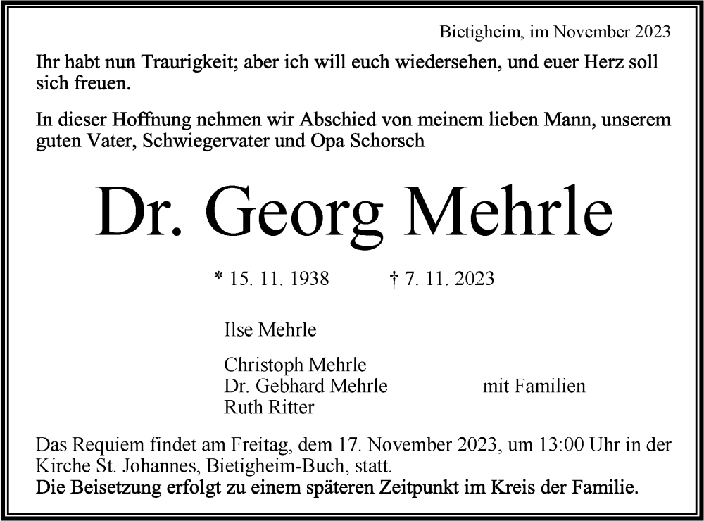  Traueranzeige für Georg Mehrle vom 11.11.2023 aus Bietigheimer Zeitung