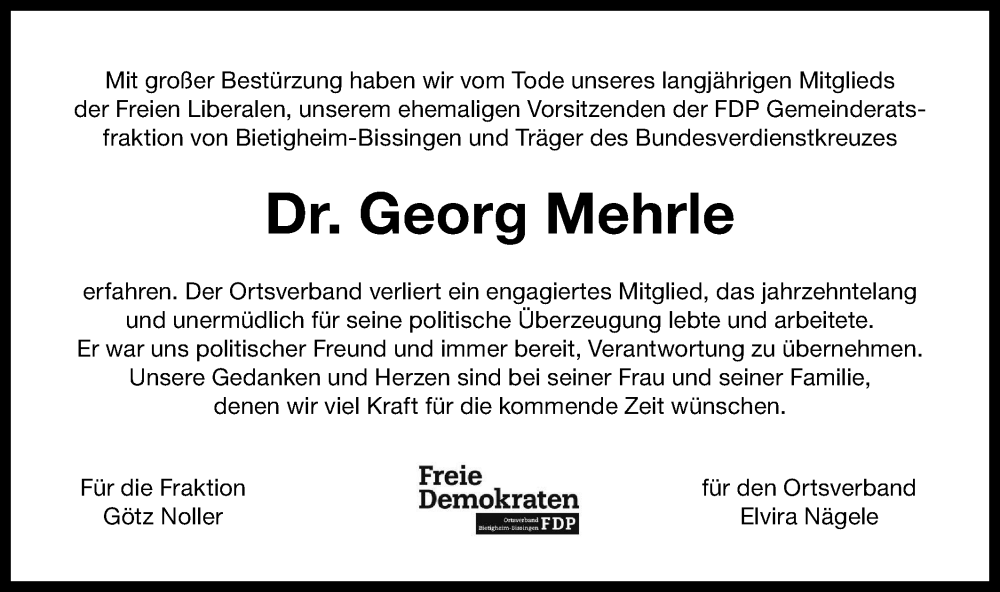  Traueranzeige für Georg Mehrle vom 11.11.2023 aus Bietigheimer Zeitung
