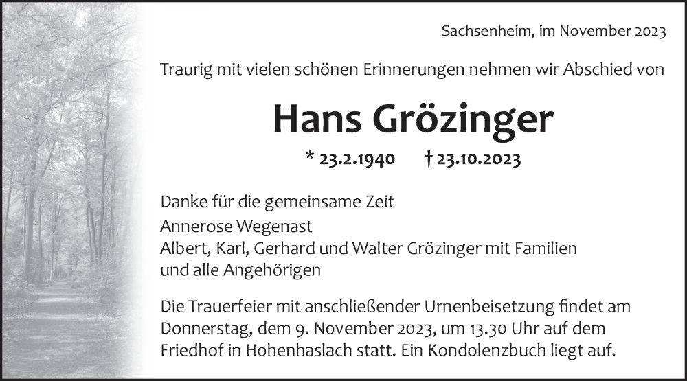  Traueranzeige für Hans Grözinger vom 06.11.2023 aus Bietigheimer Zeitung