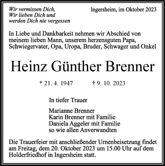 Traueranzeige von Heinz Günther Brenner von Bietigheimer Zeitung