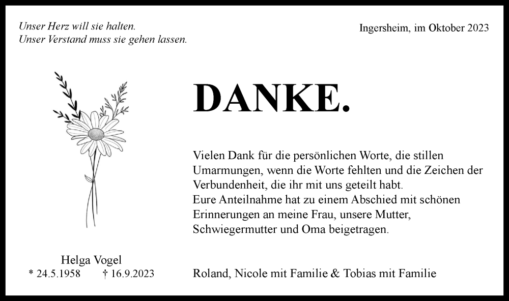  Traueranzeige für Helga Vogel vom 16.10.2023 aus Bietigheimer Zeitung