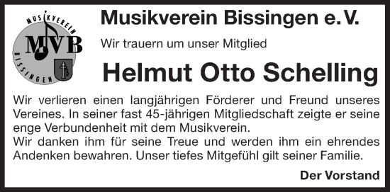 Traueranzeige von Helmut Otto Schelling von Bietigheimer Zeitung