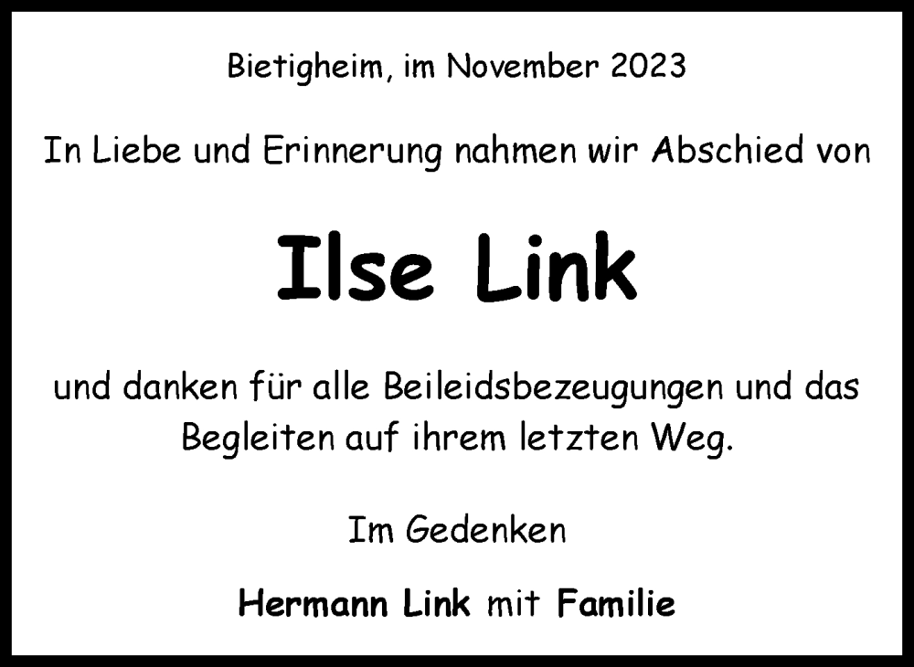  Traueranzeige für Ilse Link vom 29.11.2023 aus Bietigheimer Zeitung
