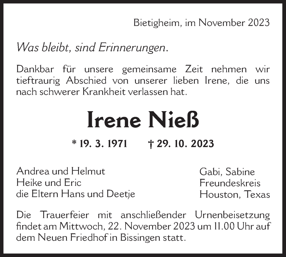  Traueranzeige für Irene Nieß vom 15.11.2023 aus Bietigheimer Zeitung