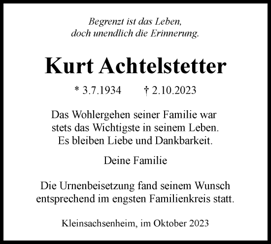 Traueranzeige von Kurt Achtelstetter von Bietigheimer Zeitung