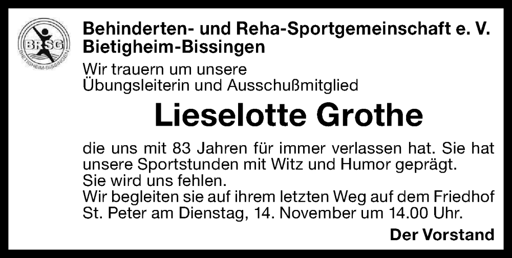  Traueranzeige für Lieselotte Grothe vom 14.11.2023 aus Bietigheimer Zeitung