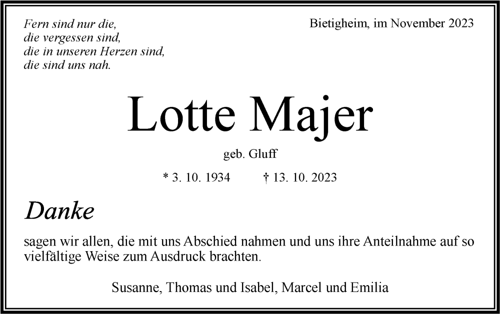  Traueranzeige für Lotte Majer vom 10.11.2023 aus Bietigheimer Zeitung