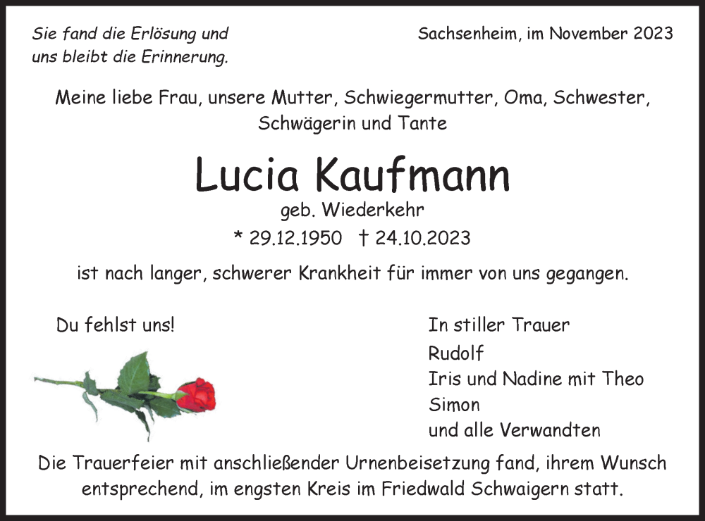  Traueranzeige für Lucia Kaufmann vom 17.11.2023 aus Bietigheimer Zeitung