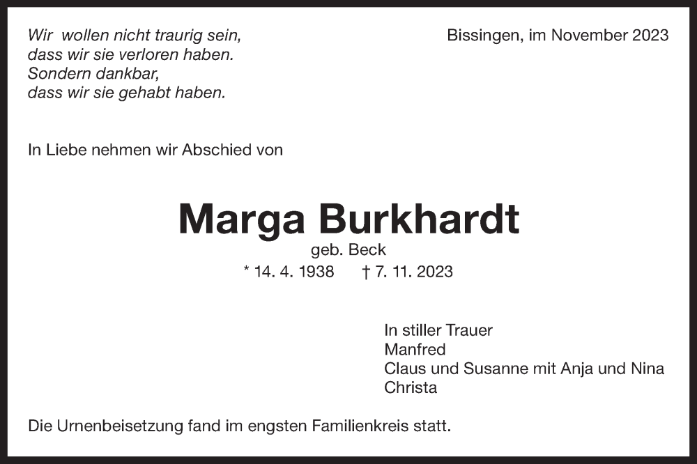  Traueranzeige für Marga Burkhardt vom 24.11.2023 aus Bietigheimer Zeitung