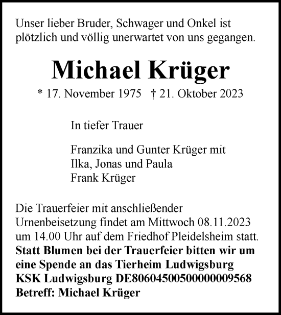 Traueranzeige von Michael Krüger von Bietigheimer Zeitung