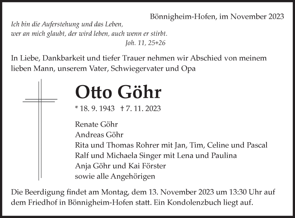  Traueranzeige für Otto Göhr vom 09.11.2023 aus Bietigheimer Zeitung