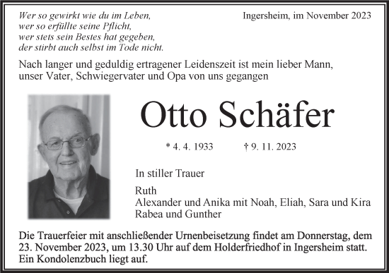 Traueranzeige von Otto Schäfer von Bietigheimer Zeitung