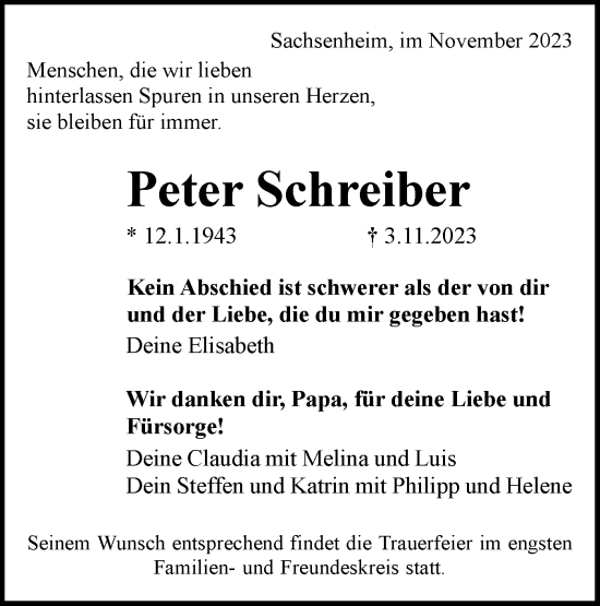 Traueranzeige von Peter Schreiber von Bietigheimer Zeitung