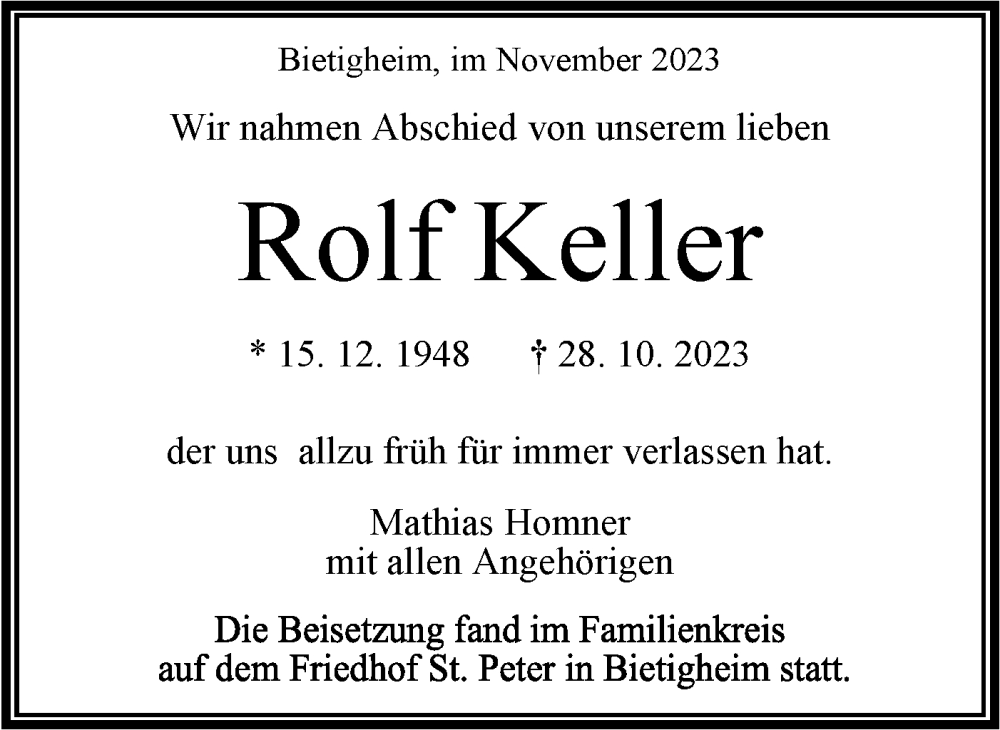  Traueranzeige für Rolf Keller vom 21.11.2023 aus Bietigheimer Zeitung