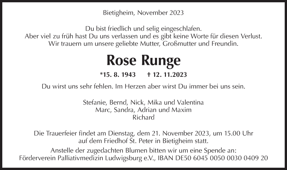  Traueranzeige für Rose Runge vom 15.11.2023 aus Bietigheimer Zeitung
