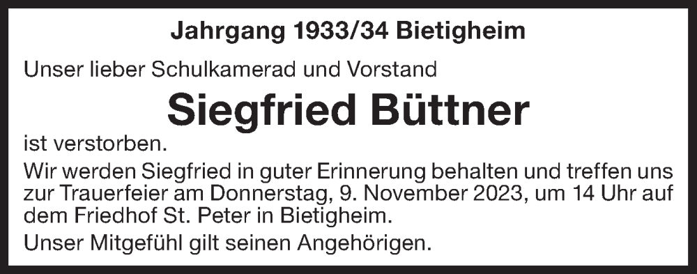  Traueranzeige für Siegfried Büttner vom 06.11.2023 aus Bietigheimer Zeitung