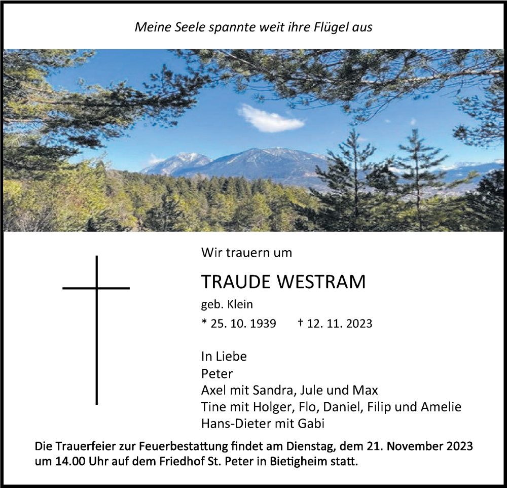  Traueranzeige für Traude Westram vom 16.11.2023 aus Bietigheimer Zeitung