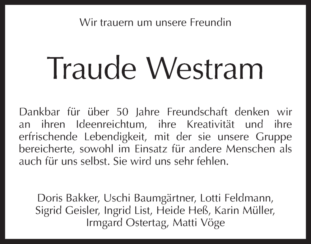 Traueranzeige für Traude Westram vom 17.11.2023 aus Bietigheimer Zeitung