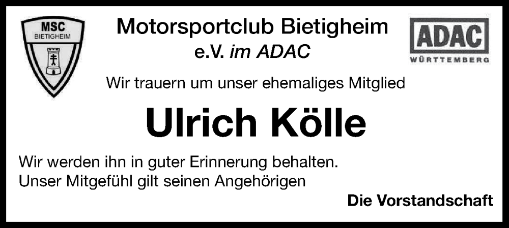  Traueranzeige für Ulrich Kölle vom 02.11.2023 aus Bietigheimer Zeitung