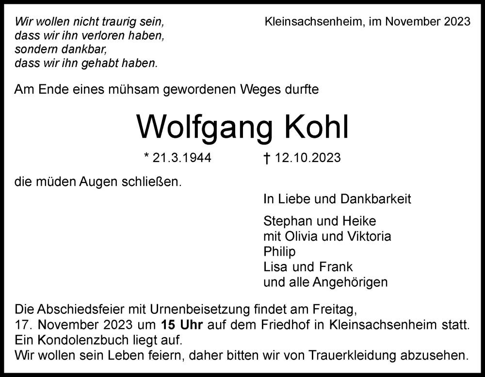  Traueranzeige für Wolfgang Kohl vom 11.11.2023 aus Bietigheimer Zeitung