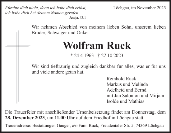 Traueranzeige von Wolfram Ruck von Bietigheimer Zeitung