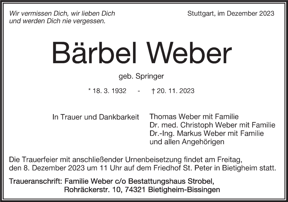  Traueranzeige für Bärbel Weber vom 02.12.2023 aus Bietigheimer Zeitung