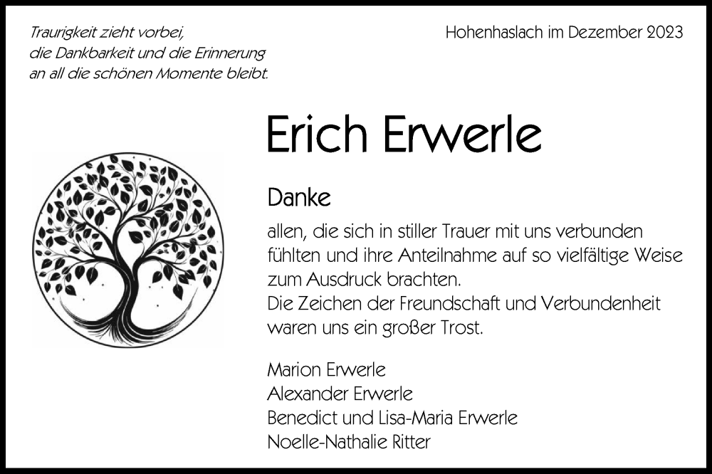  Traueranzeige für Erich Erwerle vom 30.12.2023 aus Bietigheimer Zeitung