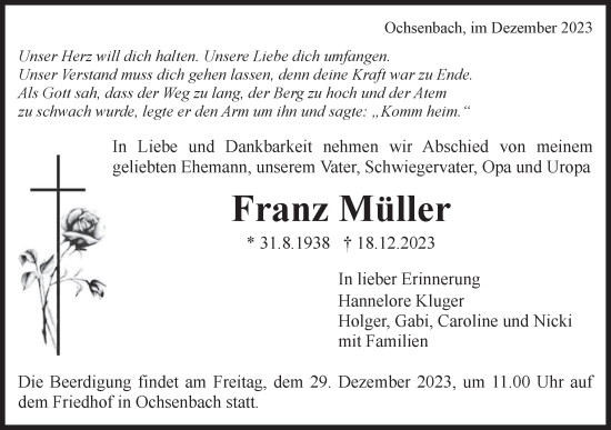 Traueranzeige von Franz Müller von Bietigheimer Zeitung