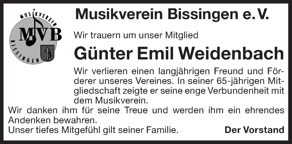  Traueranzeige für Günter Weidenbach vom 21.12.2023 aus Bietigheimer Zeitung