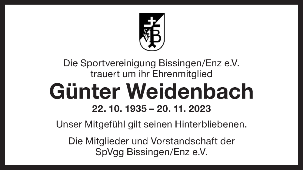  Traueranzeige für Günter Weidenbach vom 20.12.2023 aus Bietigheimer Zeitung