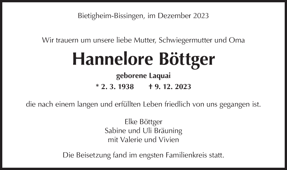  Traueranzeige für Hannelore  Böttger vom 28.12.2023 aus Bietigheimer Zeitung