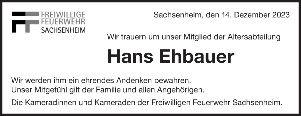  Traueranzeige für Hans Ehbauer vom 14.12.2023 aus Bietigheimer Zeitung