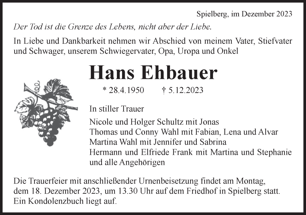  Traueranzeige für Hans Ehbauer vom 14.12.2023 aus Bietigheimer Zeitung
