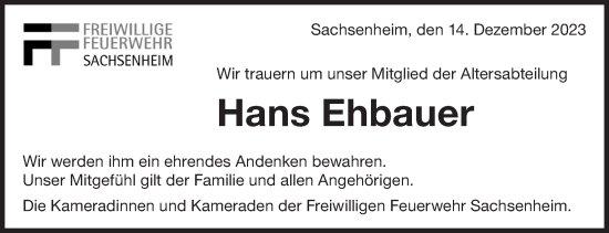 Traueranzeige von Hans Ehbauer von Bietigheimer Zeitung