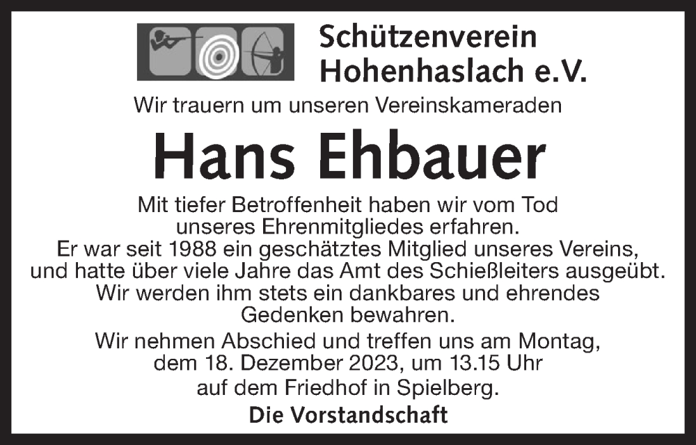  Traueranzeige für Hans Ehbauer vom 16.12.2023 aus Bietigheimer Zeitung