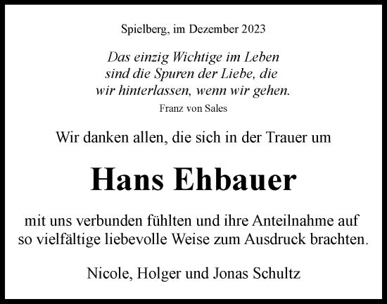 Traueranzeige von Hans Ehbauer von Bietigheimer Zeitung