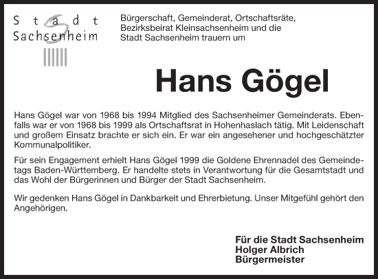 Traueranzeige von Hans Gögel von Bietigheimer Zeitung